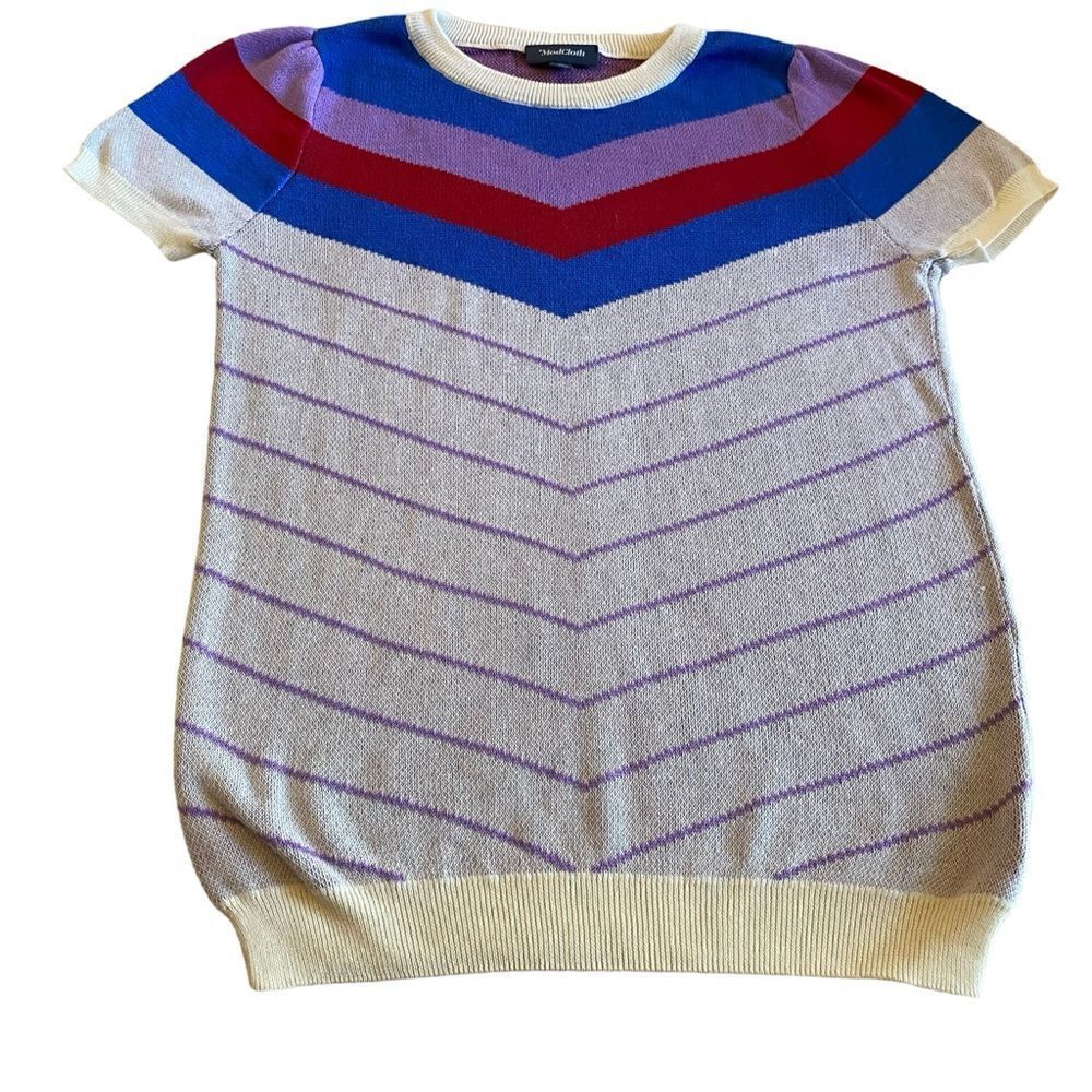 NWOT White Modcoth Chevron Pattern Cap Sleeve Sweater - Picture 3 of 12